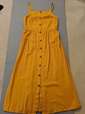 Mustard Button-Front Midi Sundress with Spaghetti Straps